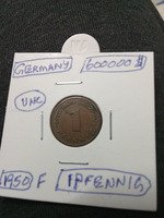 1950 F Germany 1 Pfennig Coin UNC