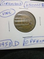 1950-D Germany 10 Pfennig Coin UNC