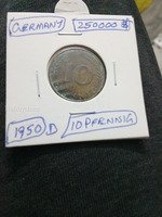 1950 D Germany 10 Pfennig Coin