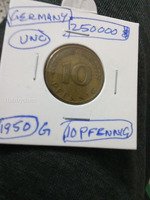 1950 Germany 10 Pfennig Coin G Mint UNC