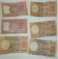 Lot of 6 Vintage Indian 2 Rupees Banknotes