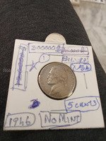 1946 USA Jefferson Nickel 5 Cents No Mint Mark Silver Coin