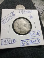 1961 D U.S.A. Silver 5 Cents Coin
