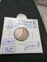 1937 USA One Cent Wheat Penny Coin