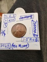 1963 U.S.A. One Cent Lincoln Penny (No Mint Mark)