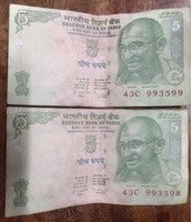 Pair of Old Indian 5 Rupees Banknotes with Consecutive Serial Numbers