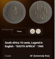 South Africa 10 Cents Coin 1965 XF (Extremely Fine)
