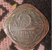 1943 British India 2 Annas Coin - King George VI