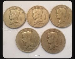 Set of 5 Vintage 1972 Philippine 1 Piso Coins Featuring Jose Rizal