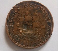1957 South Africa 1 Penny Coin - Queen Elizabeth II