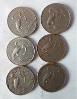 Set of 6 South African 5 Cent Coins Featuring the Blue Crane Bird