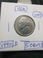 1990 D USA 5 Cents Coin - UNC Condition