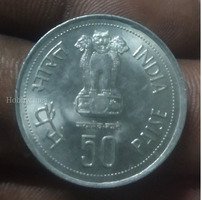 Indian 50 Paise Coin Featuring Indira Gandhi (1917-1984)