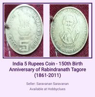 India 5 Rupees Coin - 150th Birth Anniversary of Rabindranath Tagore (1861-2011)