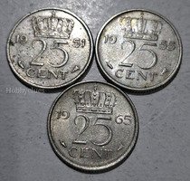 Set of 3 Dutch 25 Cent Coins Featuring Juliana, 1951, 1955, 1965