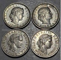 4 Coins of 20 rappen(s) 1969,69,88&95 Switzerland