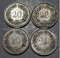 4 Coins of 20 rappen(s) 1969,69,88&95 Switzerland - Image 2