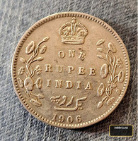 1906 British India One Rupee Silver Coin - Edward VII