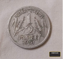 1951 Half Rupee Coin from India