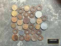 Collection of Vintage Indian Coins Including 20 Paise and Holey Coins
