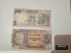Indian 50 Rupee Banknote Pair Gandhi and Parliament Designs