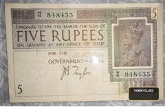 British India Five Rupees Banknote George VI Portrait Old Note