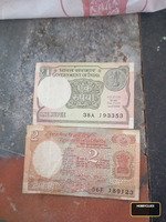 Indian One and Two Rupee Banknotes, Oil Rig and Satellite Designs