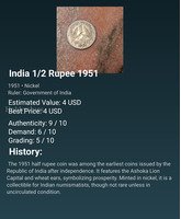 India 1/2 Rupee Coin 1951 - Early Post-Independence Nickel Coin