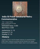 India 50 Paise Jawaharlal Nehru Commemorative Coin 1964 - Image 2