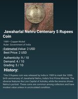 Jawaharlal Nehru Centenary 5 Rupees Coin (1989)
