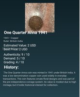 One Quarter Anna Copper Coin 1941 British India